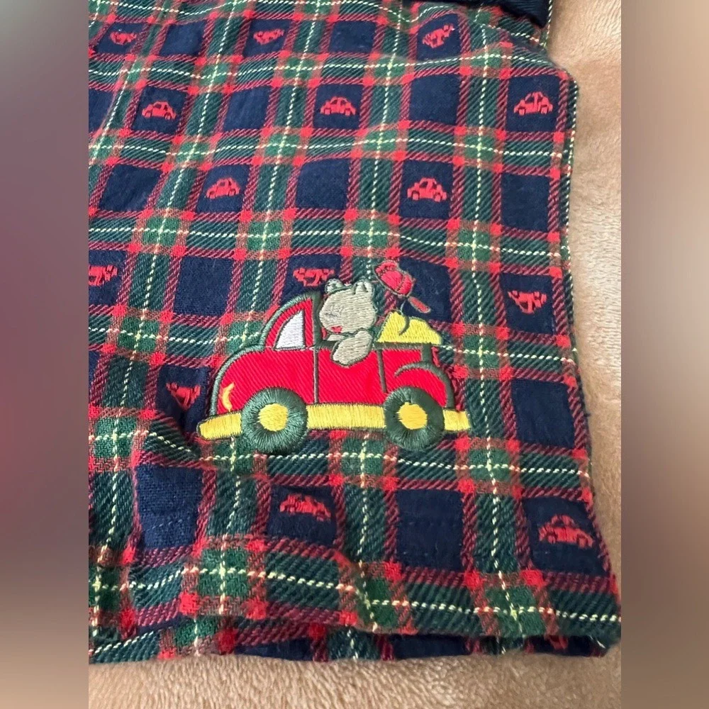 Vintage Plaid Bear Truck Shortall Romper Navy Red 18 Months Snap Bottom Cotton